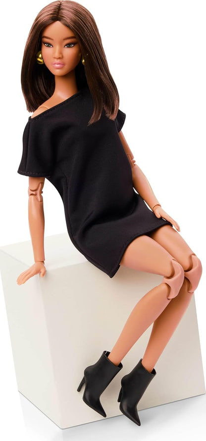 Barbie Mattel Basics Model 01 Collector Doll with Brunette Hair, Black Mini Dress & Shoes, Universal-fit Fashions, Posable Body & Swappable Doll Head, JBH72