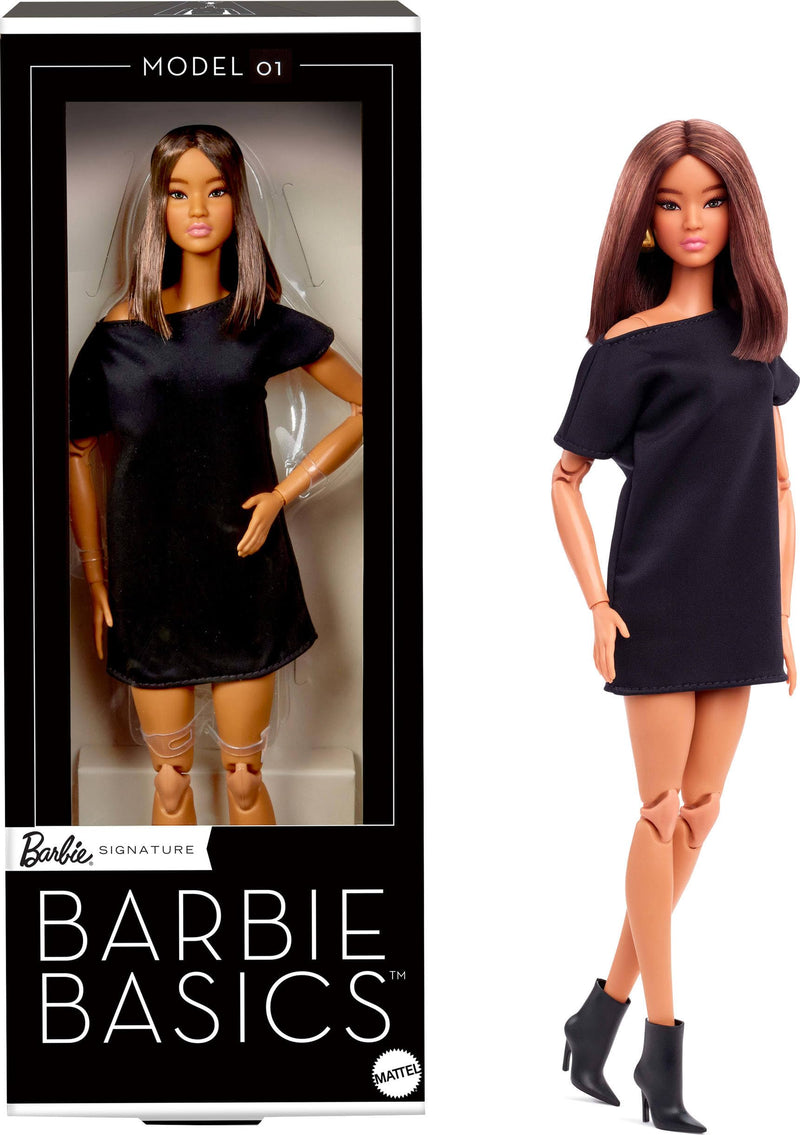 Barbie Mattel Basics Model 01 Collector Doll with Brunette Hair, Black Mini Dress & Shoes, Universal-fit Fashions, Posable Body & Swappable Doll Head, JBH72