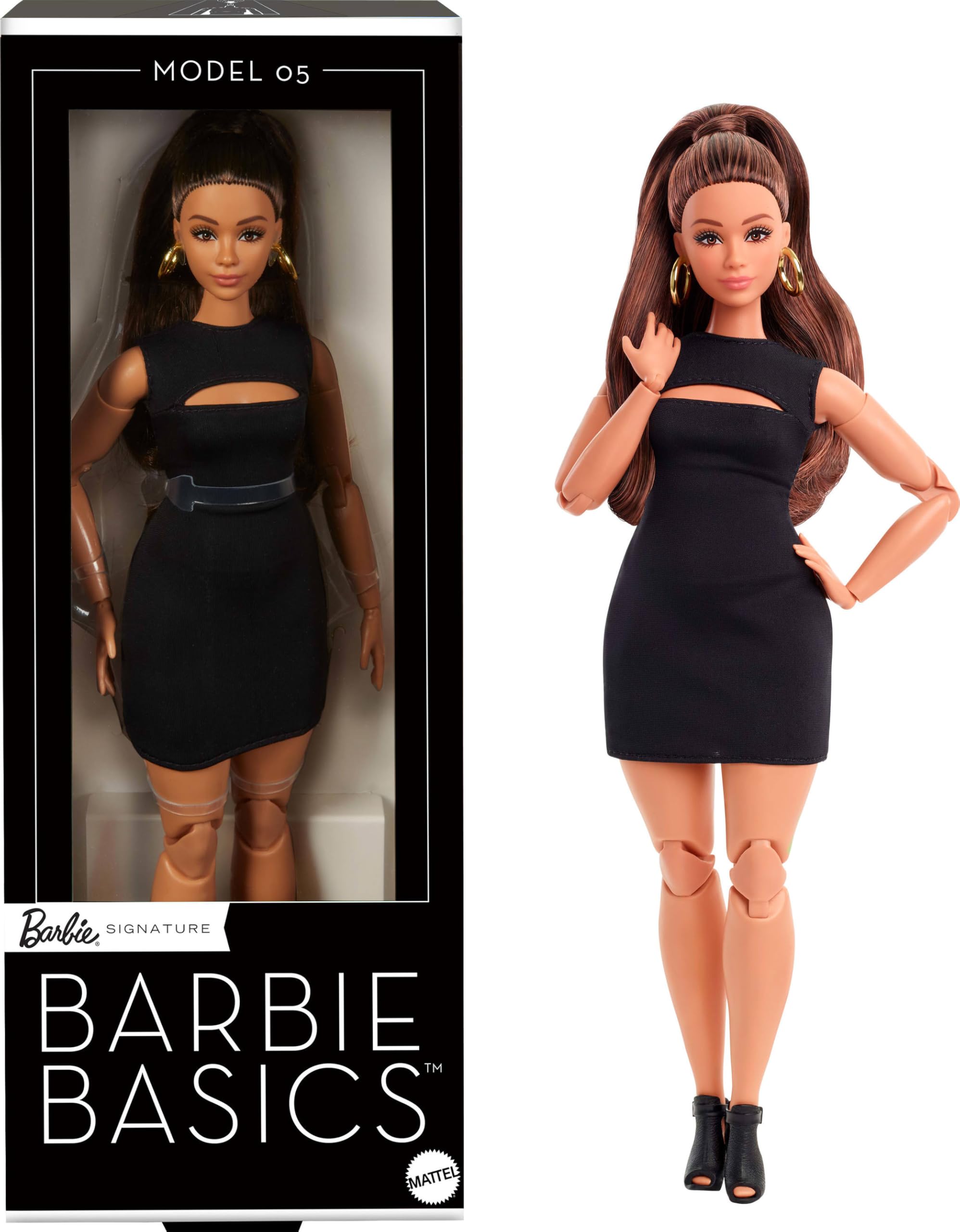 Barbie Mattel Basics Model 05 Collector Doll with Brunette Hair, Black Mini Dress & Heels, Universal-fit Fashions, Posable Curvy Body & Swappable Doll Head, JBH73