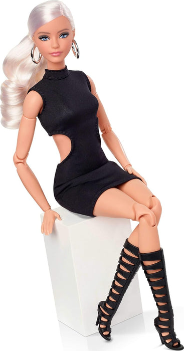 Barbie Mattel Basics Model 02 Collector Doll with Blonde Hair, Black Mini Dress & Gladiator Boots, Universal-fit Fashions, Posable Body & Swappable Doll Head, JBH71