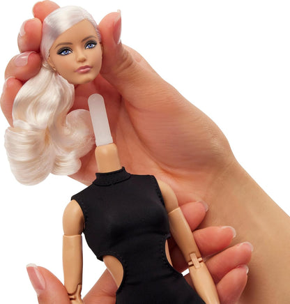 Barbie Mattel Basics Model 02 Collector Doll with Blonde Hair, Black Mini Dress & Gladiator Boots, Universal-fit Fashions, Posable Body & Swappable Doll Head, JBH71