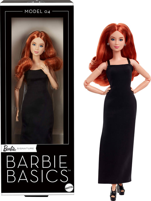 Barbie Mattel Basics Model 04 Collector Doll with Red Curly Hair, Black Mini Dress & Boots, Universal-fit Fashions, Posable Petite Body & Swappable Doll Head, JBH74