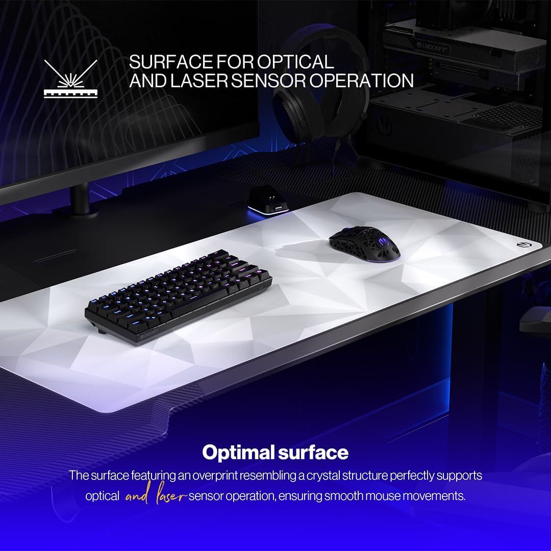 ENDORFY Crystal Onyx White XL, 900 x 400 mm XXL Mouse Mat, Smooth Mouse, Printed Hem, Non-Slip Rubber Base, Stylish Design