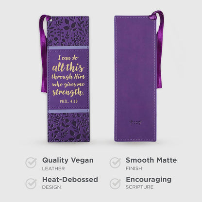 Christian Art Gifts Purple Faux Leather Bookmark | I Can Do All Things - Philippians 4:13 Bible Verse Inspirational Bookmark for Men and Women w/Satin Ribbon Tassel