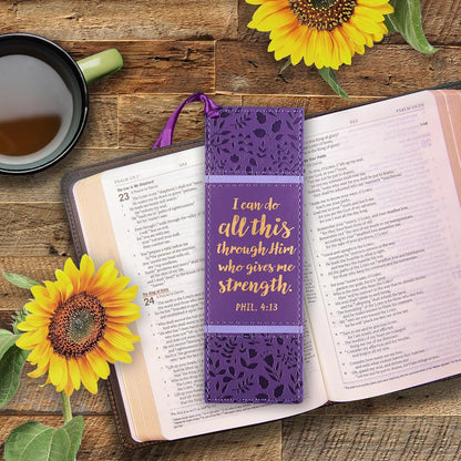 Christian Art Gifts Purple Faux Leather Bookmark | I Can Do All Things - Philippians 4:13 Bible Verse Inspirational Bookmark for Men and Women w/Satin Ribbon Tassel