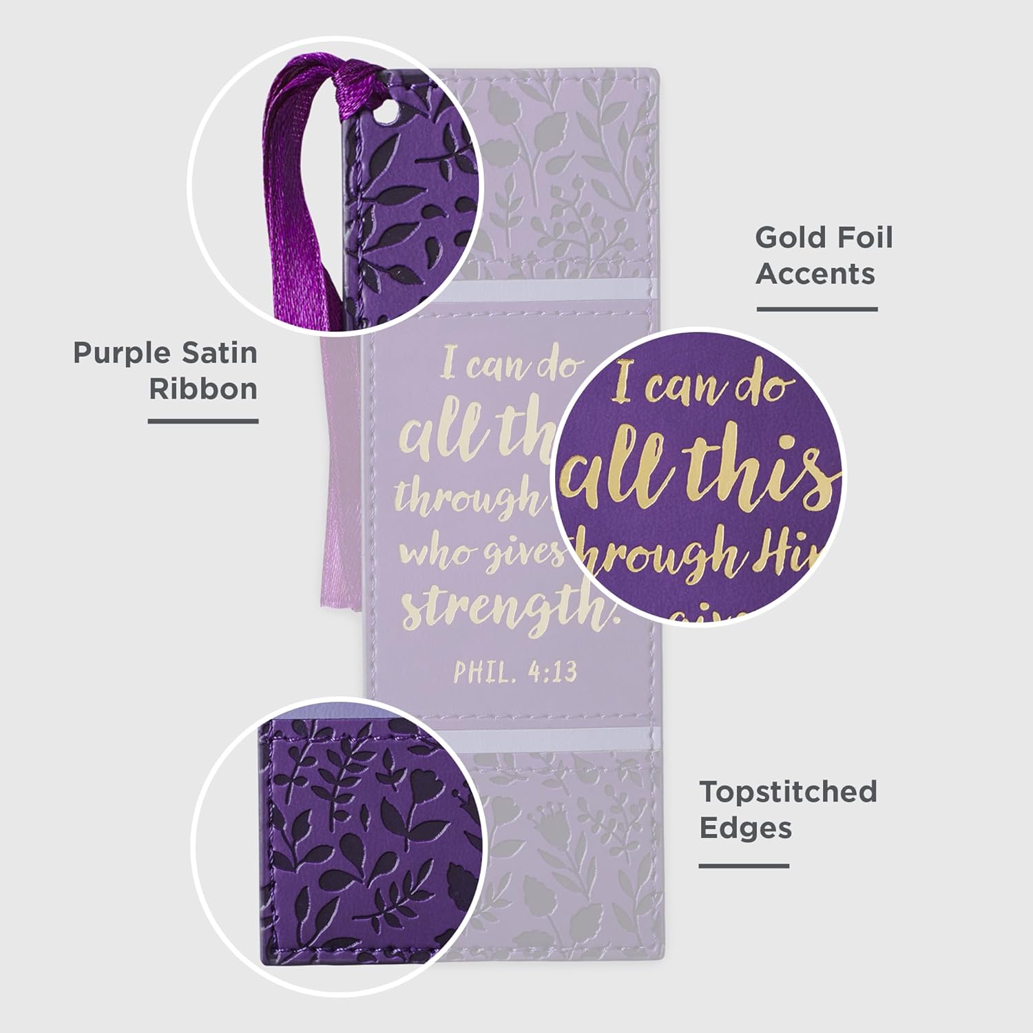 Christian Art Gifts Purple Faux Leather Bookmark | I Can Do All Things - Philippians 4:13 Bible Verse Inspirational Bookmark for Men and Women w/Satin Ribbon Tassel