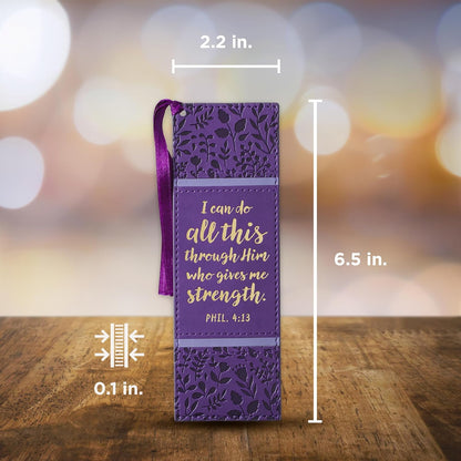 Christian Art Gifts Purple Faux Leather Bookmark | I Can Do All Things - Philippians 4:13 Bible Verse Inspirational Bookmark for Men and Women w/Satin Ribbon Tassel