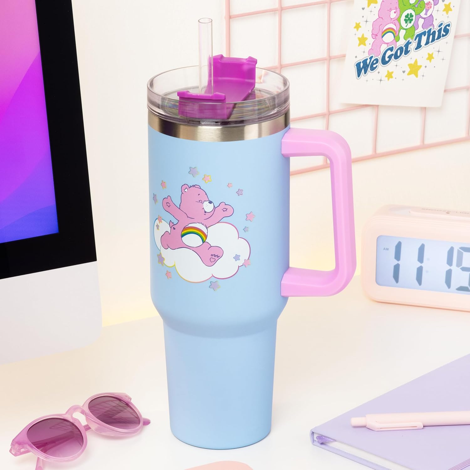 Paladone Care Bears 1.2L Blue Insulated Cup and Straw, Officially Licensed Tumbler Bottle with Handle for Water, Iced Tea, Coffee, Cute Pop Culture Collectible for Fans