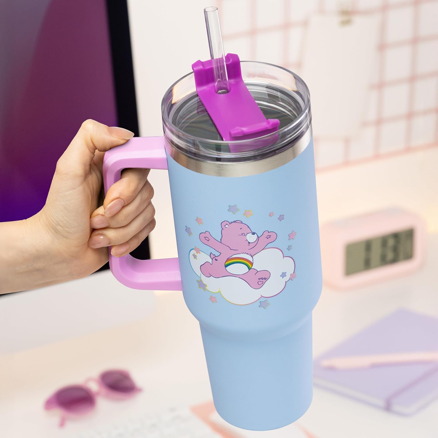 Paladone Care Bears 1.2L Blue Insulated Cup and Straw, Officially Licensed Tumbler Bottle with Handle for Water, Iced Tea, Coffee, Cute Pop Culture Collectible for Fans