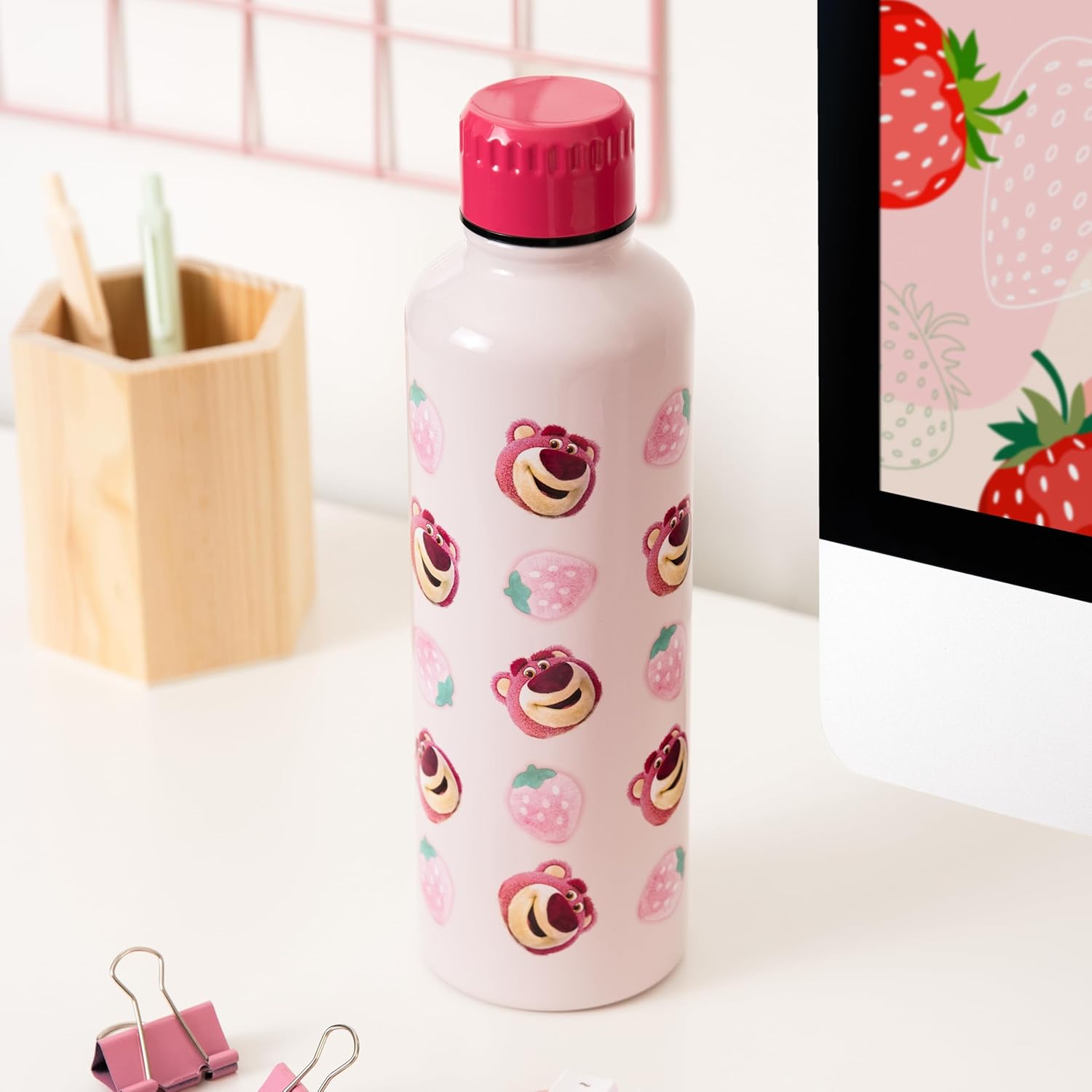 Paladone Lotso Pink Metal Water Bottle with Screw-Top Lid Reusable Stainless Steel 500ml, Officially Licensed Disney Pixar Toy Story Merchandise for Kids, Teens, Adults, School, Work