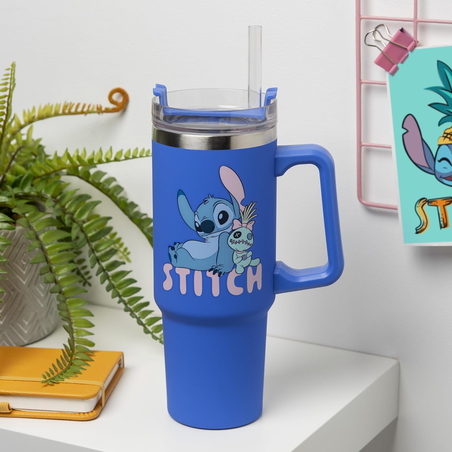 Paladone Disney Stitch 900 ml Blue Insulated Travel Cup and Straw, Officially Licensed Quencher with Handle for Iced Tea or Coffee, Pop Culture Merchandise for Fans