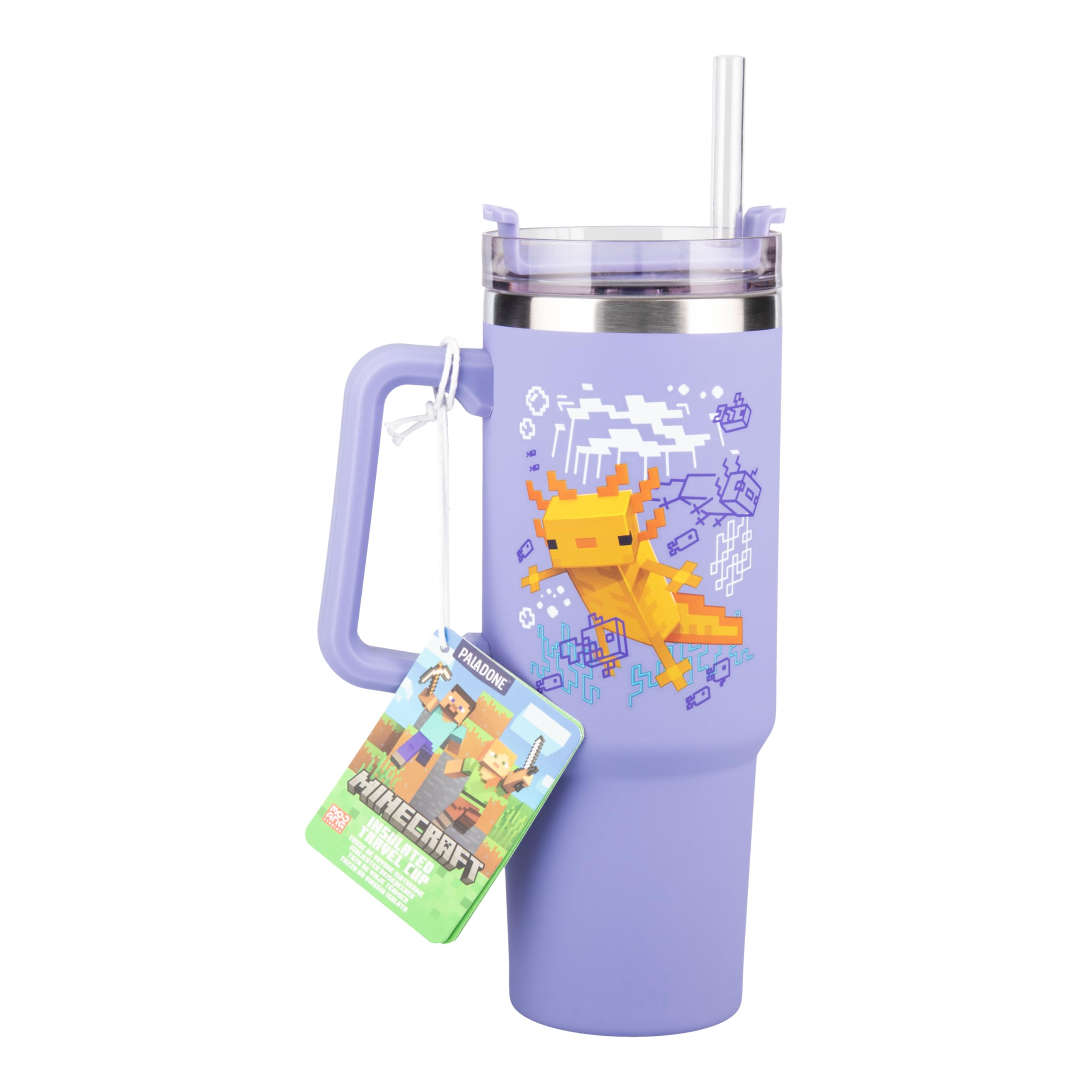 Paladone Minecraft Axolotl 900 ml Purple Insulated Cup and Straw, Officially Licensed Tumbler Travel Cup with Handle for Iced Tea or Coffee, Gaming Merchandise