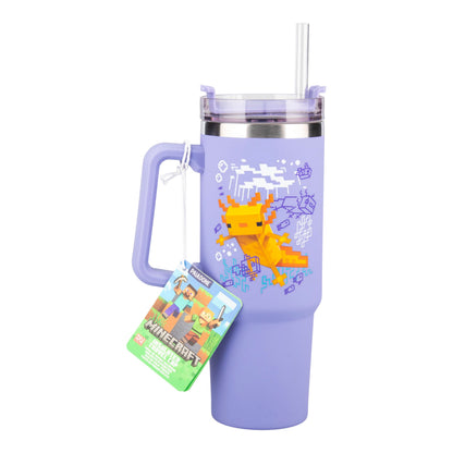 Paladone Minecraft Axolotl 900 ml Purple Insulated Cup and Straw, Officially Licensed Tumbler Travel Cup with Handle for Iced Tea or Coffee, Gaming Merchandise