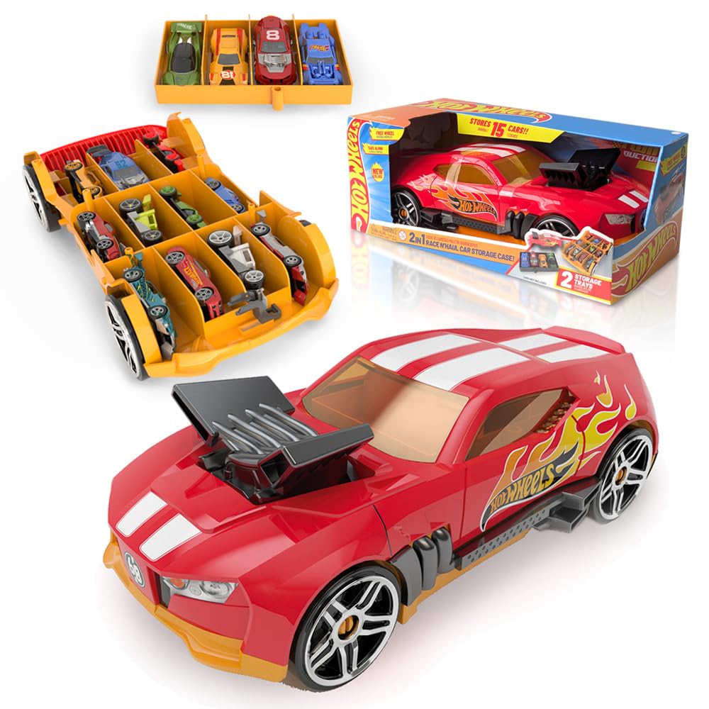 Hot Wheels NEW Car Storage 2in1 Race N' Haul free wheel Car Storage case with Retractable Handle - Stores up to 15 cars (cars not included