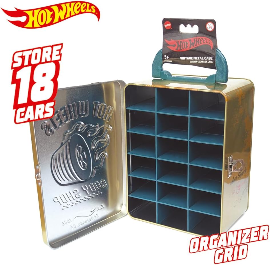 Hot Wheels Vintage 1:64 Scale cars Metal Car Carry Case I 18 Toy Storage & Organiser Gift for Collectors Kids Ages 3 Years Old Up 3D HW Race lid design (Cars not included)