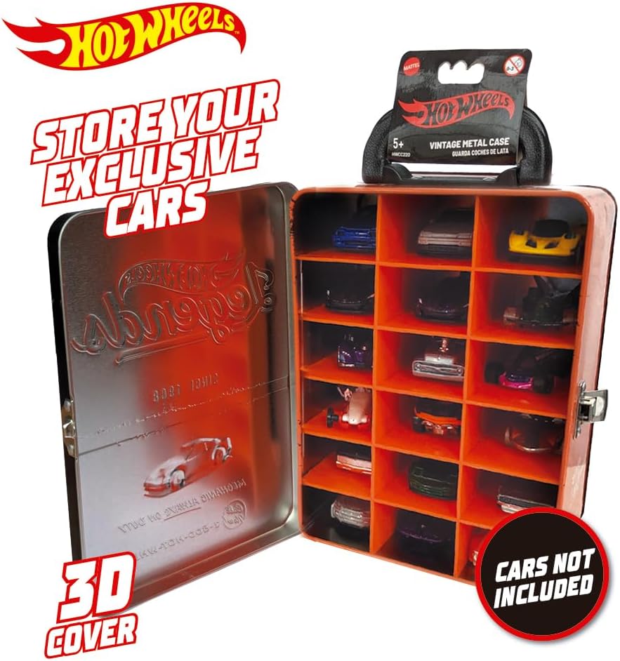 Hot Wheels Vintage 1:64 Scale cars Metal Car Carry Case I 18 Toy Storage & Organiser Gift for Collectors Kids Ages 3 Years Old Up 3D HW Race lid design (Cars not included)