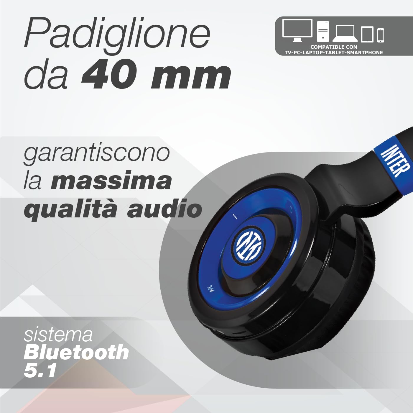 Inter - Cuffie Senza Filo Cuffie Wireless Over-Ear, Cuffie Bluetooth Senza Fili Pieghevoli, Cuffie con Microfono Incorporato, HiFi Stereo, Micro SD Slot, FM Radio per iPhone/Android/Viaggio/PC