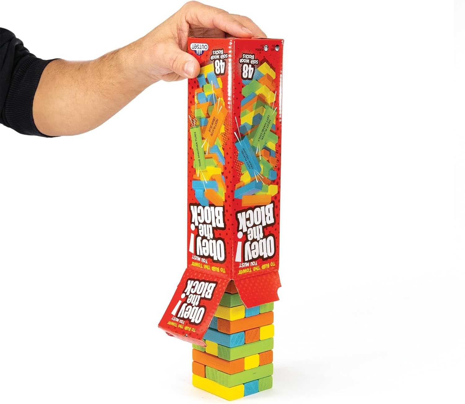 Outset Media Obey The Block - Traditional Wooden Tumbling Tower Block Game, Family Fun for Kids and Adults, Classic Children's Stacking Game that Promotes Speed, Reaction and Tactics