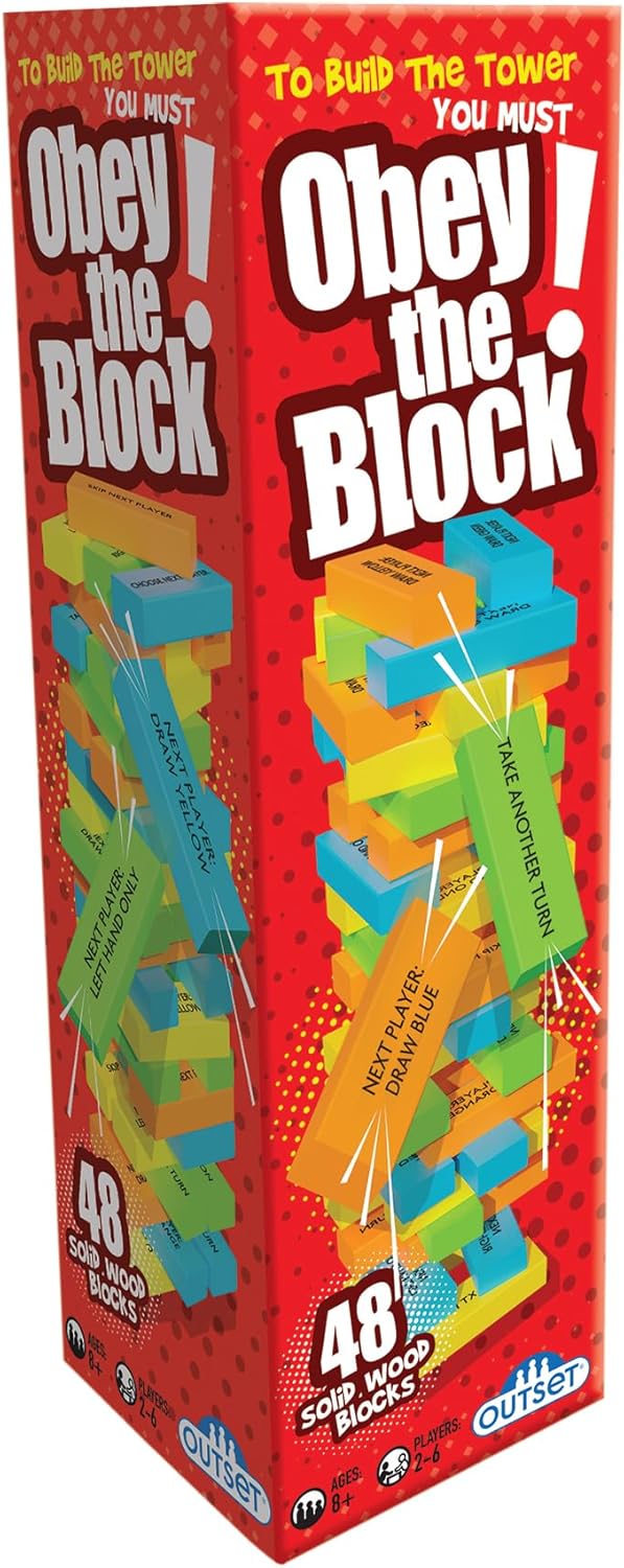Outset Media Obey The Block - Traditional Wooden Tumbling Tower Block Game, Family Fun for Kids and Adults, Classic Children's Stacking Game that Promotes Speed, Reaction and Tactics
