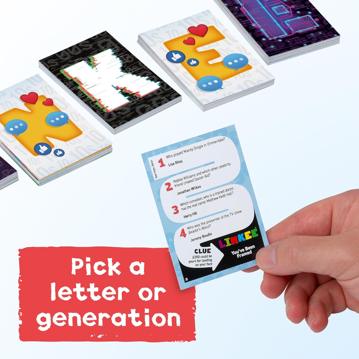 IDEAL | LINKEE Generations decades trivia party quiz game: Four little questions with one big link! 1970's, 80's, 90's, 00's to 2020's | Perfect for teens, adults and families, 3+ players, ages 12+