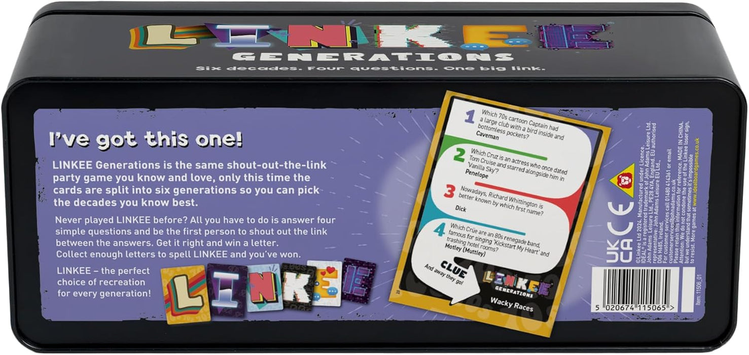 IDEAL | LINKEE Generations decades trivia party quiz game: Four little questions with one big link! 1970's, 80's, 90's, 00's to 2020's | Perfect for teens, adults and families, 3+ players, ages 12+