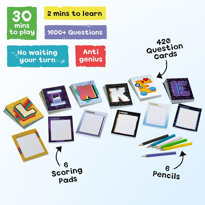 IDEAL | LINKEE Generations decades trivia party quiz game: Four little questions with one big link! 1970's, 80's, 90's, 00's to 2020's | Perfect for teens, adults and families, 3+ players, ages 12+