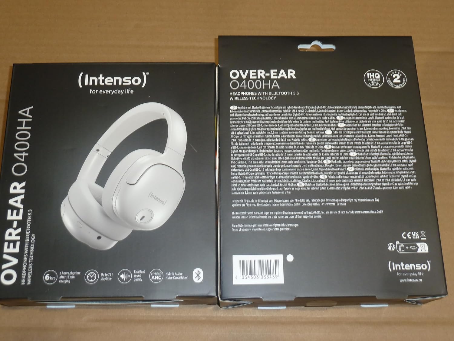 Intenso O400HA Cuffie Over-Ear – Hybrid Active Noise Cancelling, fino a 75 ore di autonomia e Bluetooth 5.3, con modalità musica, modalità trasparente e tempo di ricarica veloce, bianco