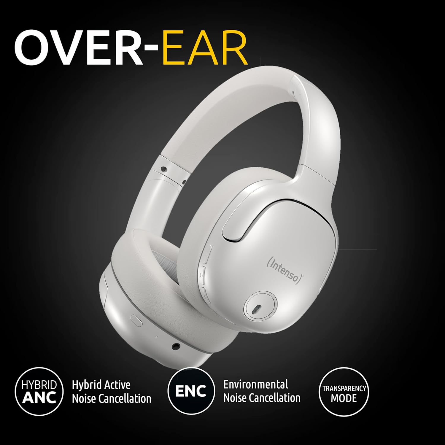 Intenso O400HA Cuffie Over-Ear – Hybrid Active Noise Cancelling, fino a 75 ore di autonomia e Bluetooth 5.3, con modalità musica, modalità trasparente e tempo di ricarica veloce, bianco