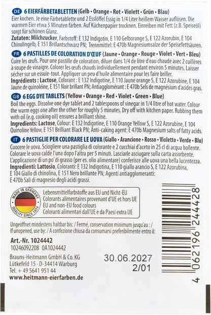 Heitmann Eierfarben - Iris Eierfarben NEU - 6 Heißfärbetabletten - Gelb, Orange, Rot, Lila, Grün, Blau