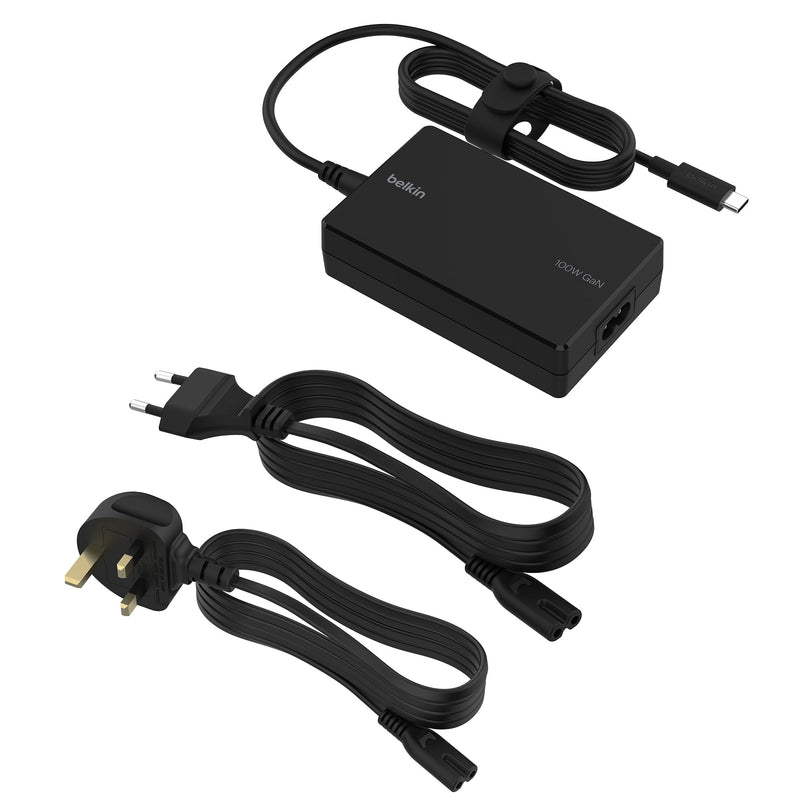 Belkin Connect 100W USB-C Core GaN Power Adapter, Fast-Charging Adapter with Universal USB-C Compatibility, 100W Power Delivery, UK and EU Power Cords for Gaming, MacBook, PC Laptops, and Chromebook