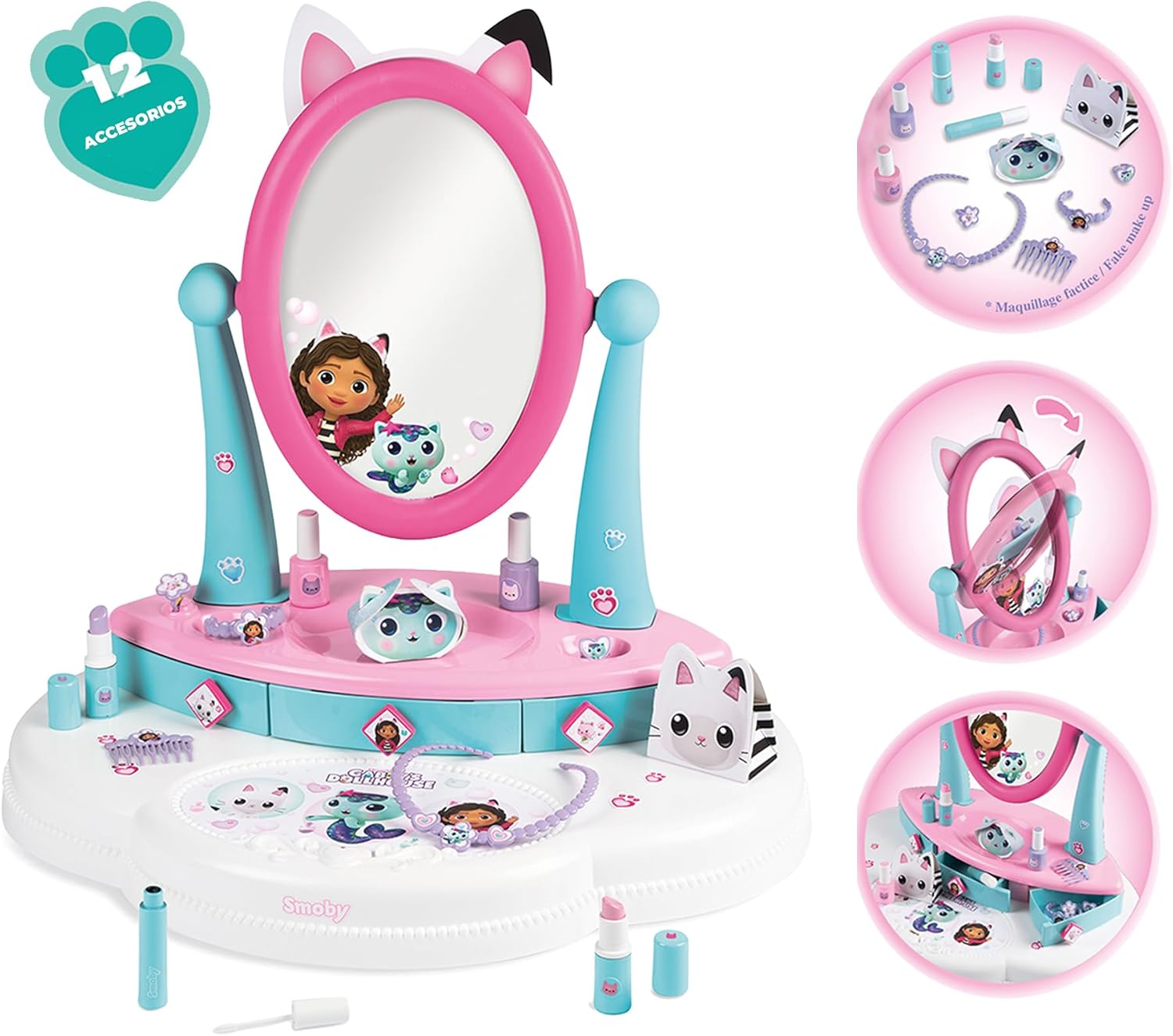 Smoby- La Casa de Muñecas de Gabby- Tocador de Sobremesa con 12 Accesorios (cosméticos no Reales), Cajones y Espejo Basculante, A Partir de 3 años (7600320253)
