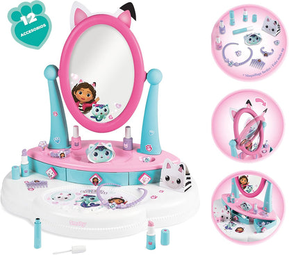 Smoby- La Casa de Muñecas de Gabby- Tocador de Sobremesa con 12 Accesorios (cosméticos no Reales), Cajones y Espejo Basculante, A Partir de 3 años (7600320253)