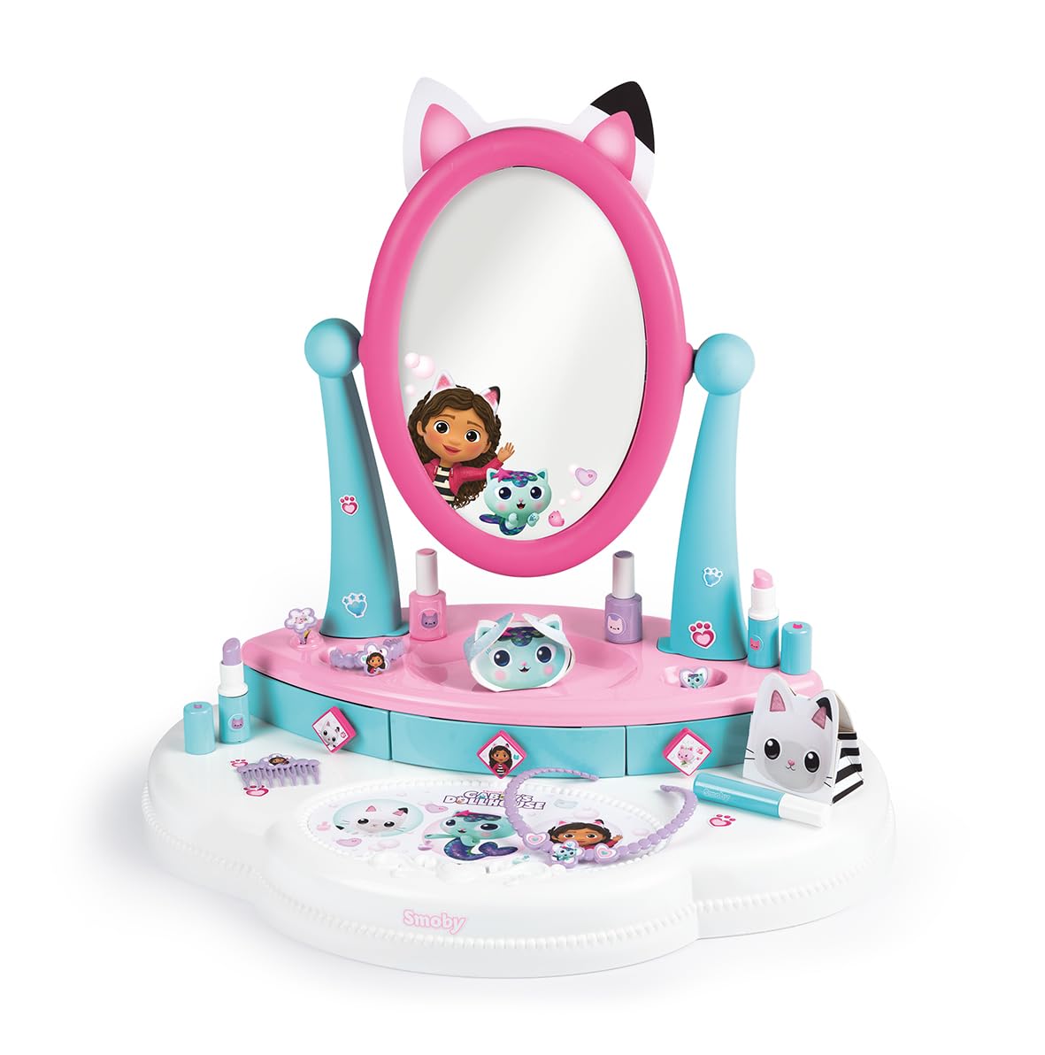Smoby- La Casa de Muñecas de Gabby- Tocador de Sobremesa con 12 Accesorios (cosméticos no Reales), Cajones y Espejo Basculante, A Partir de 3 años (7600320253)
