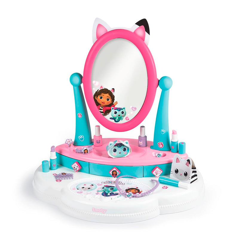 Smoby- La Casa de Muñecas de Gabby- Tocador de Sobremesa con 12 Accesorios (cosméticos no Reales), Cajones y Espejo Basculante, A Partir de 3 años (7600320253)