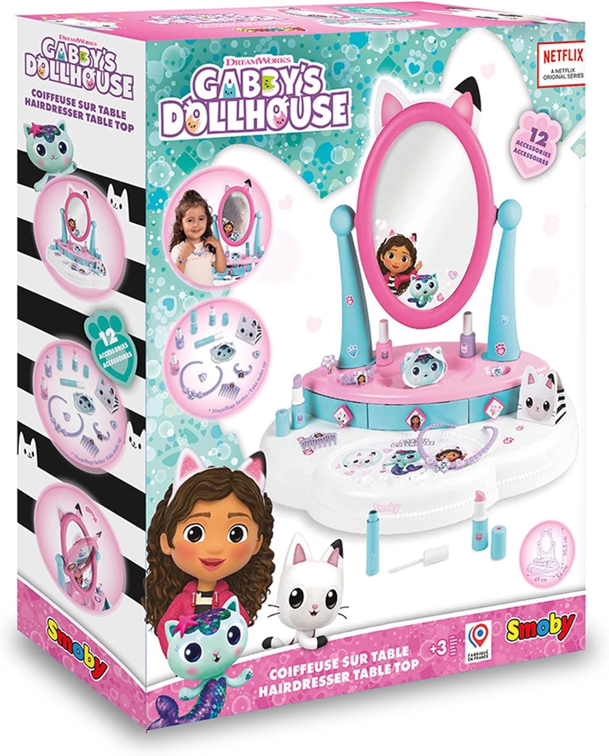 Smoby- La Casa de Muñecas de Gabby- Tocador de Sobremesa con 12 Accesorios (cosméticos no Reales), Cajones y Espejo Basculante, A Partir de 3 años (7600320253)