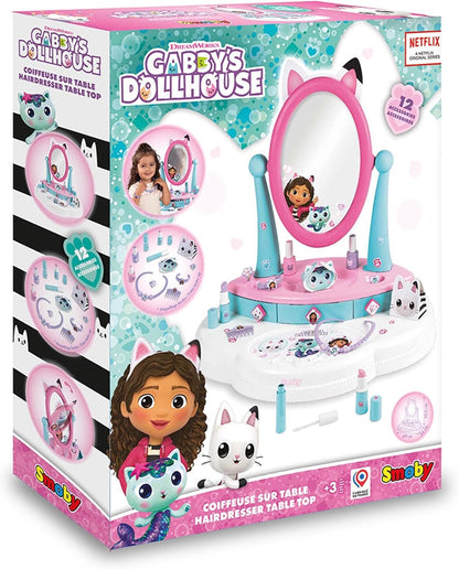Smoby- La Casa de Muñecas de Gabby- Tocador de Sobremesa con 12 Accesorios (cosméticos no Reales), Cajones y Espejo Basculante, A Partir de 3 años (7600320253)