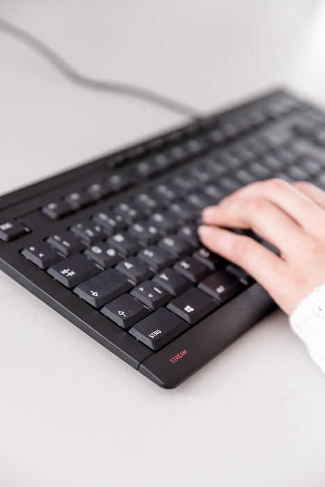 CHERRY STREAM KEYBOARD TKL, Wired Keyboard without Numeric Keypad, UK Layout (QWERTY), Quiet Keystrokes, Unique Typing Experience, Black