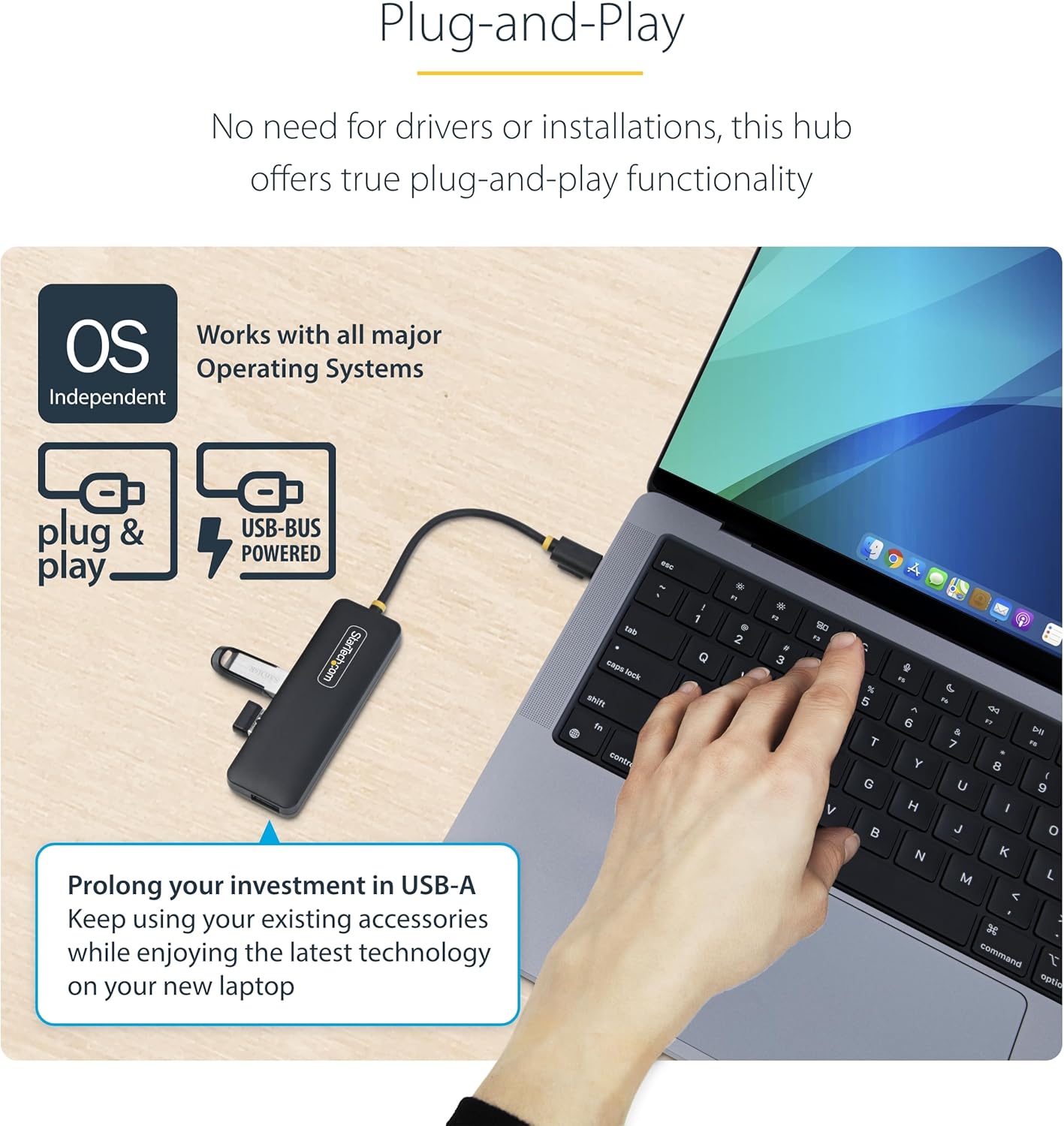 StarTech.com 4-Port USB-C Hub, USB-C to 4x USB-A, Bus Powered, Small Travel Mini Hub, Multi-Port USB 3.0 Splitter, Portable