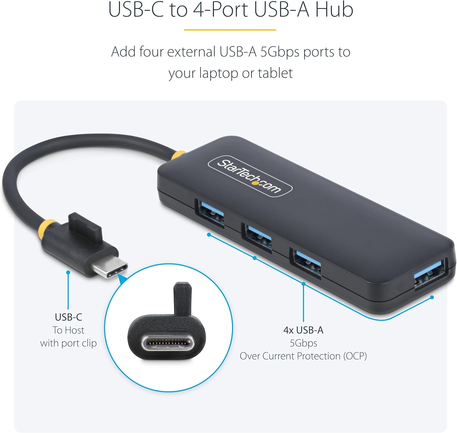 StarTech.com 4-Port USB-C Hub, USB-C to 4x USB-A, Bus Powered, Small Travel Mini Hub, Multi-Port USB 3.0 Splitter, Portable