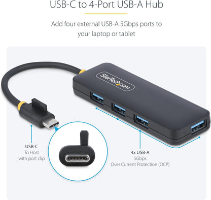StarTech.com 4-Port USB-C Hub, USB-C to 4x USB-A, Bus Powered, Small Travel Mini Hub, Multi-Port USB 3.0 Splitter, Portable