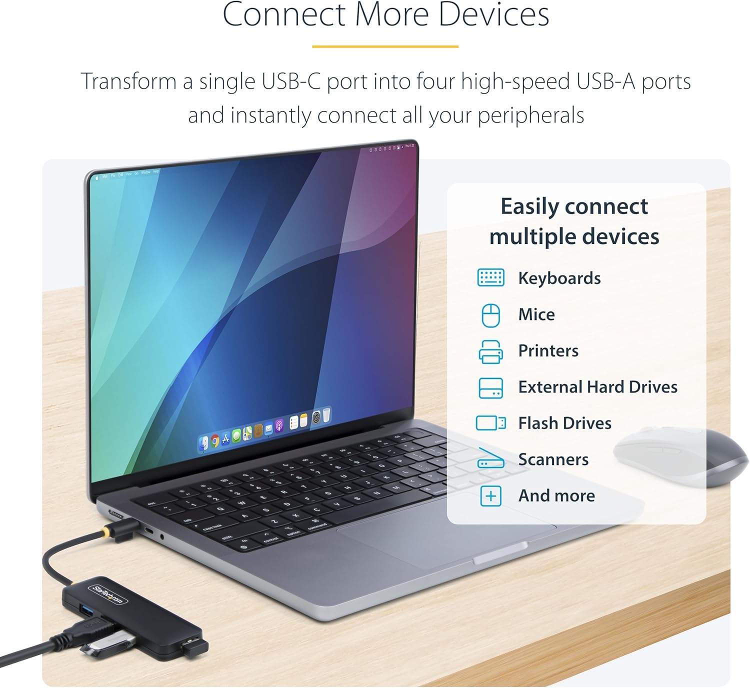 StarTech.com 4-Port USB-C Hub, USB-C to 4x USB-A, Bus Powered, Small Travel Mini Hub, Multi-Port USB 3.0 Splitter, Portable