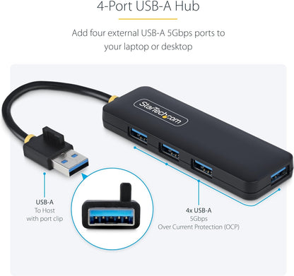 StarTech.com 4-Port USB-A Hub, 5Gbps, Bus Powered, Small Travel Mini Hub, Multi-Port USB 3.0 Splitter, Portable USB Hub