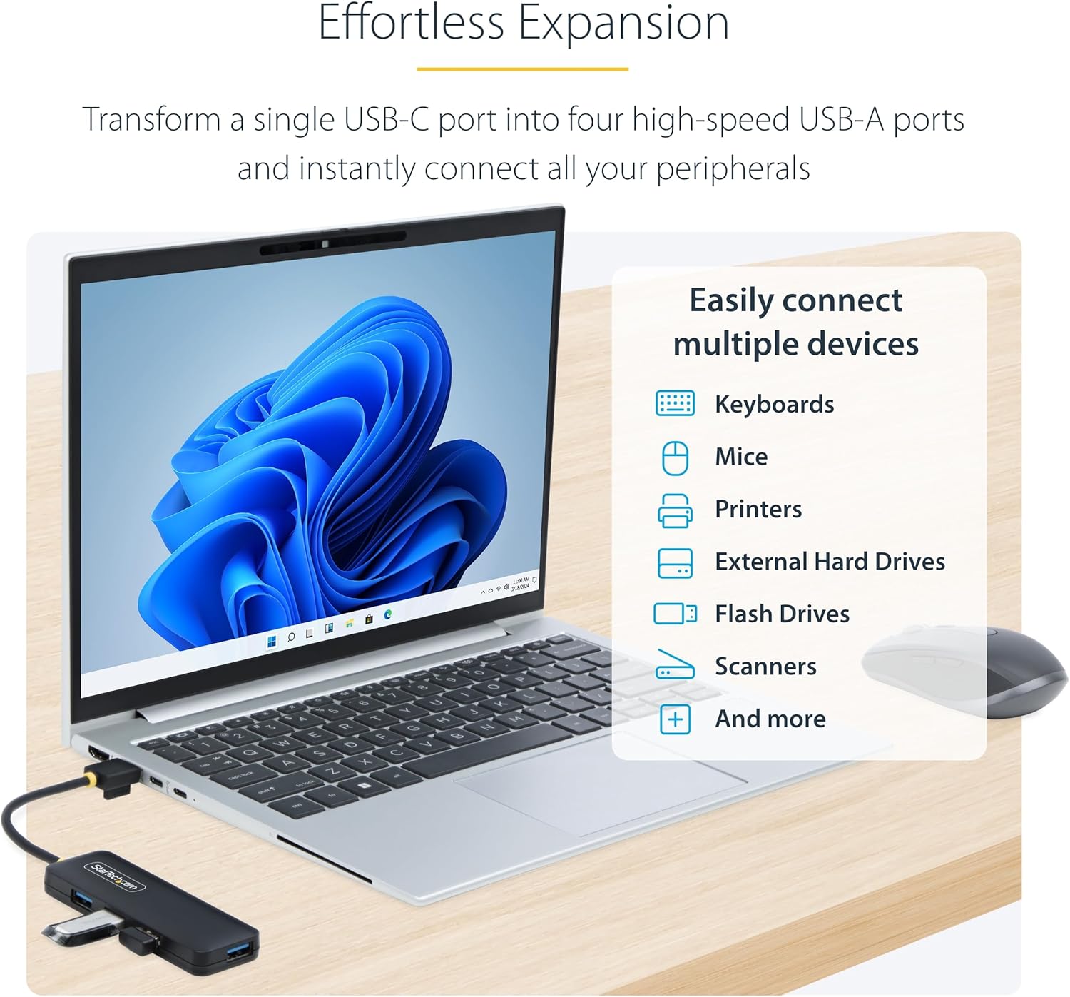 StarTech.com 4-Port USB-A Hub, 5Gbps, Bus Powered, Small Travel Mini Hub, Multi-Port USB 3.0 Splitter, Portable USB Hub