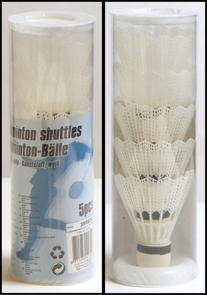 Badminton shuttlecocks, 5 pieces, plastic shuttlecocks, white, BE-45344