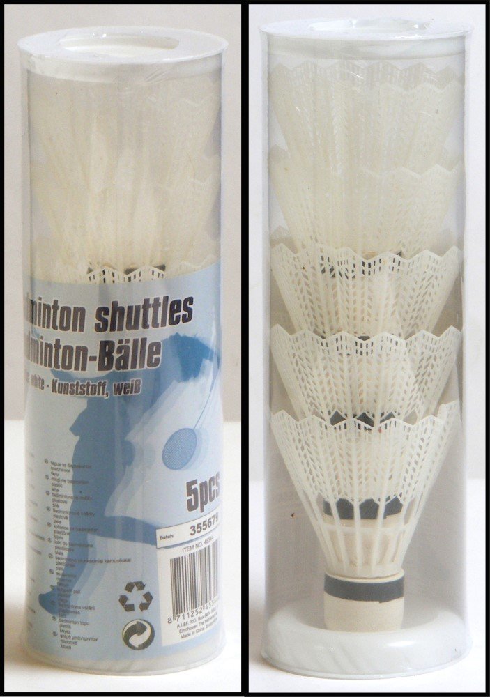Badminton shuttlecocks, 5 pieces, plastic shuttlecocks, white, BE-45344