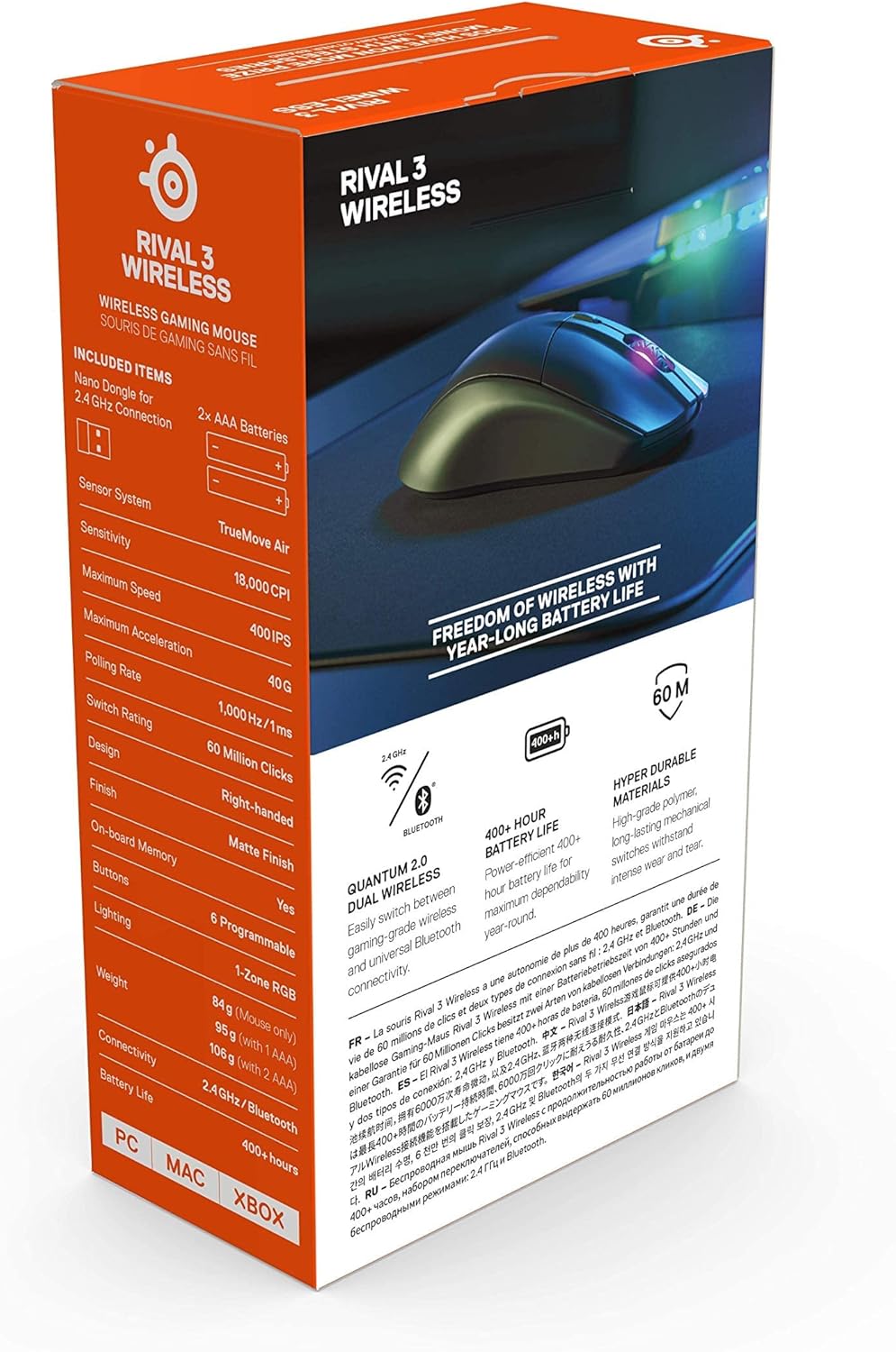 SteelSeries Rival 3 Mouse da gioco wireless, durata della batteria di oltre 400 ore, doppio wireless 2,4 GHz e Bluetooth 5,0-60 milioni di clic, sensore ottico TrueMove Air da 18.000 CPI (62521