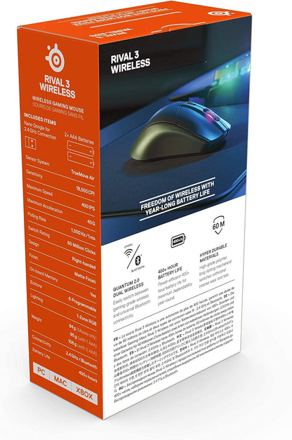 SteelSeries Rival 3 Mouse da gioco wireless, durata della batteria di oltre 400 ore, doppio wireless 2,4 GHz e Bluetooth 5,0-60 milioni di clic, sensore ottico TrueMove Air da 18.000 CPI (62521