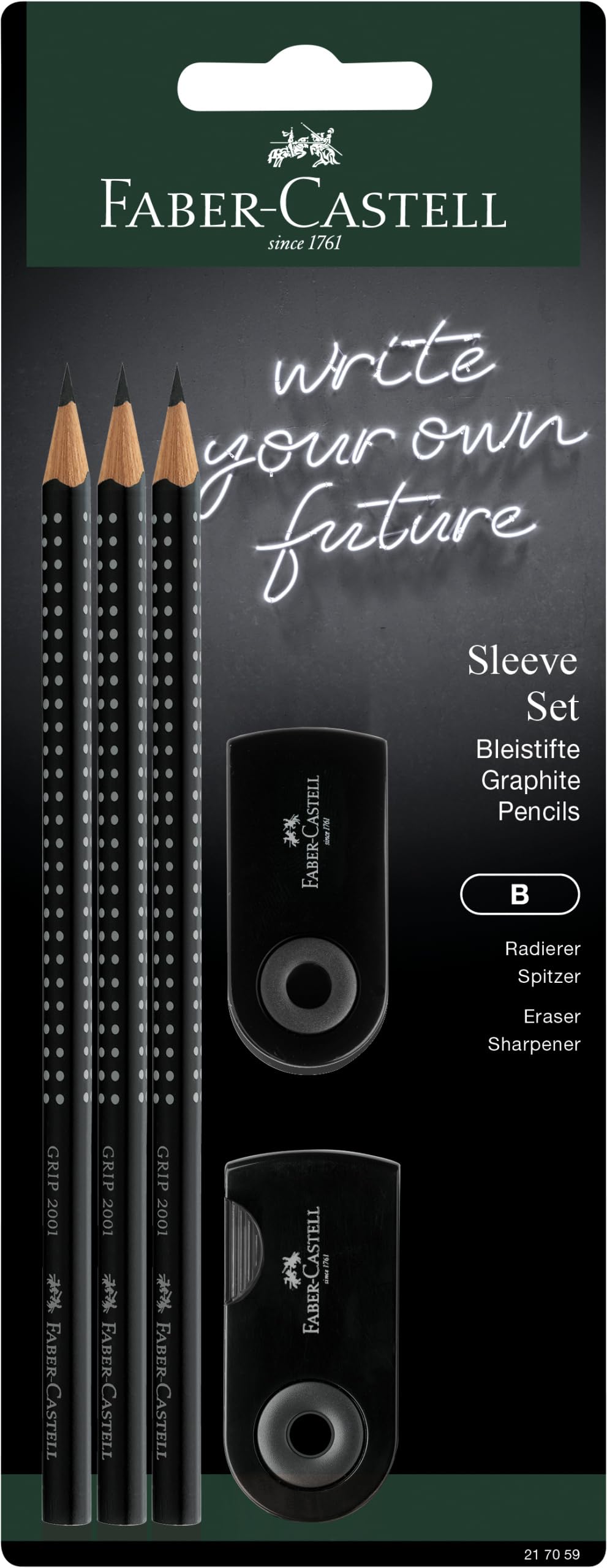 FABER-CASTELL 217086 Sleeve Pencil Set with Sharpener, Eraser and 3 Pencils, Grip 2001 Writing Set Black