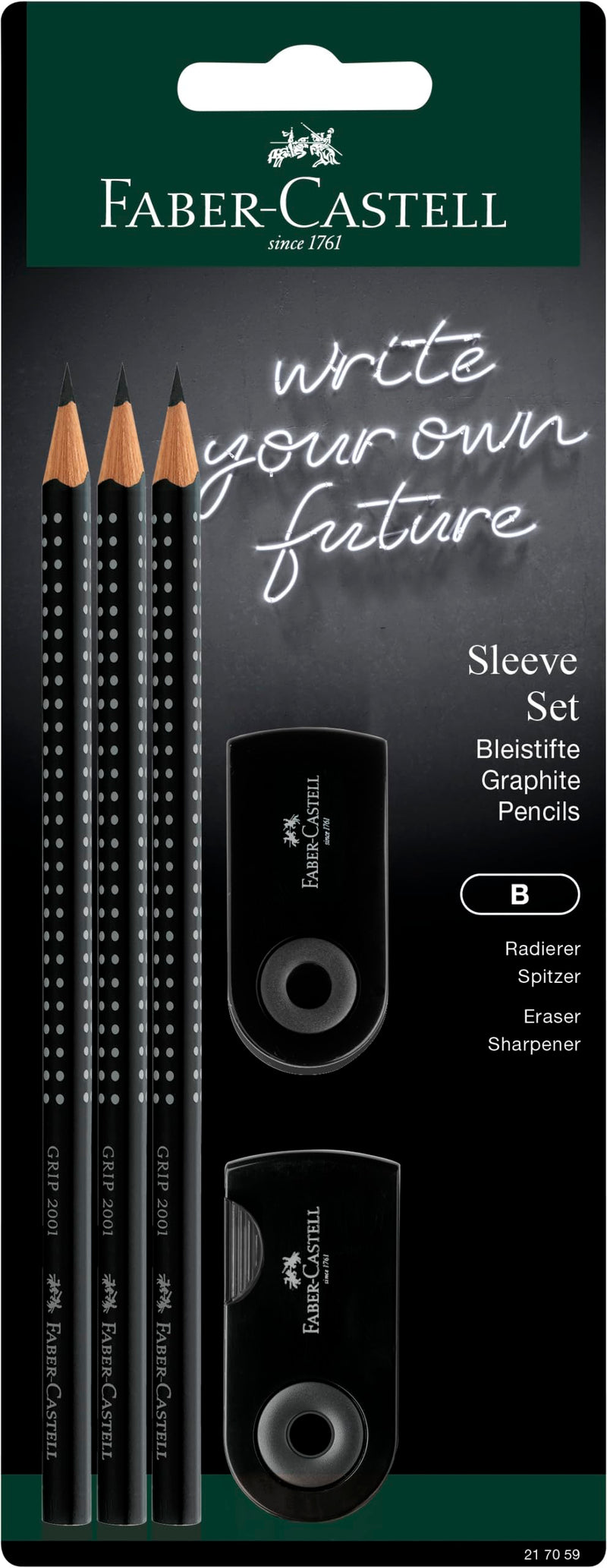 FABER-CASTELL 217086 Sleeve Pencil Set with Sharpener, Eraser and 3 Pencils, Grip 2001 Writing Set Black