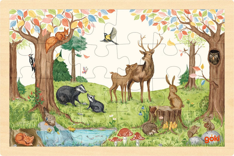 goki 57308 Inlegpuzzel op de lichting van hout, houten puzzel met bosdieren, educatief speelgoed en kinderpuzzel, bevordert de fantasie en motoriek van kinderen, 30 cm x 20 cm, set van 24, vanaf 3